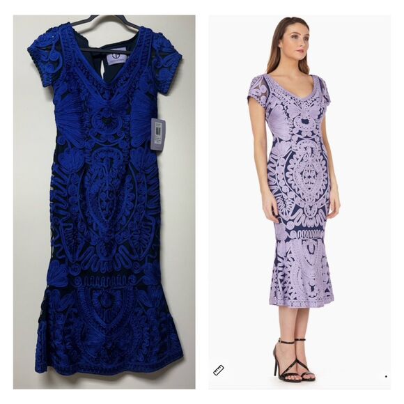 NWT - JS COLLECTIONS Short Sleeve Midi Dress Cobalt Blue/Black Soutache, Sz 2 - Picture 1 of 15